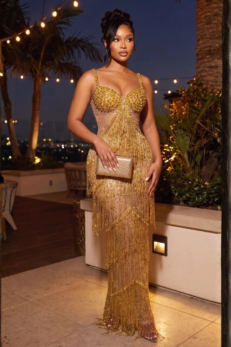 Gold Charm Rhinestone Dress